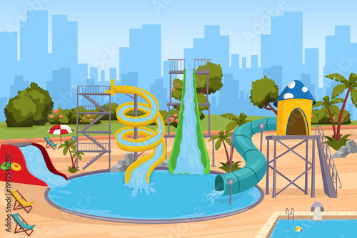 Aquapark background with water slides. City park landscape with swimming pool, palm trees, and outdoor attractions. Vector.