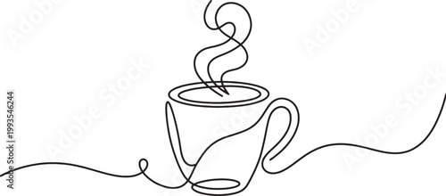 A simple continuous line drawing of a steaming coffee cup isolated on a transparent background