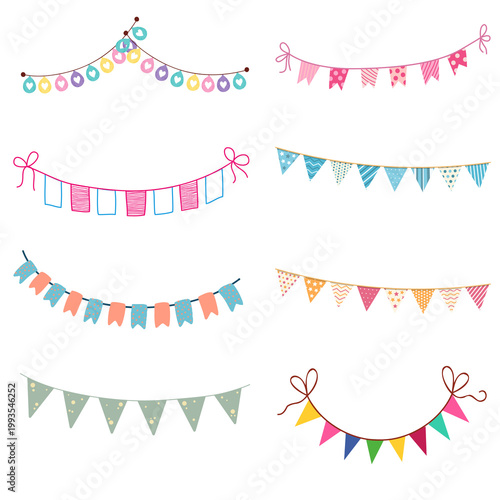 Photos Collection of colorful festive bunting flags and garlands for celebrations and d