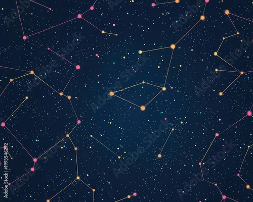 Dark background with glowing outlines of galaxy constellations, minimal vector style