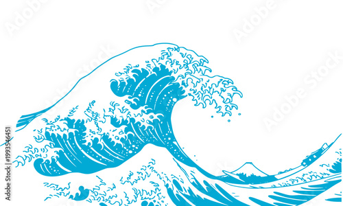 Great Ocean Wave Vector Illustration in Japanese Style with Crashing Sea Waves and Blue Water, Inspired by Traditional Asian Art for Wallpaper and Design