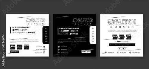 Social media post template in glitch design for burger food campaign. burger food template