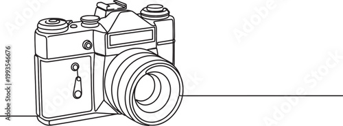 A simple line art illustration of a vintage film camera with a ribbed lens