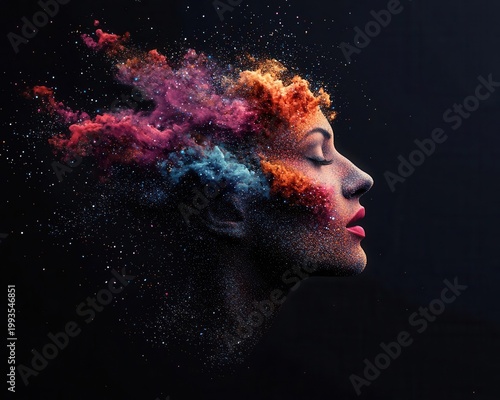 Explosion of nebula colors shaping abstract galaxy faces, symbolic expression concept
