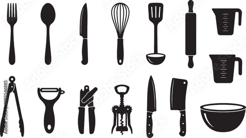 Collection of assorted black kitchen utensils and cooking tools arranged in a grid on a white background