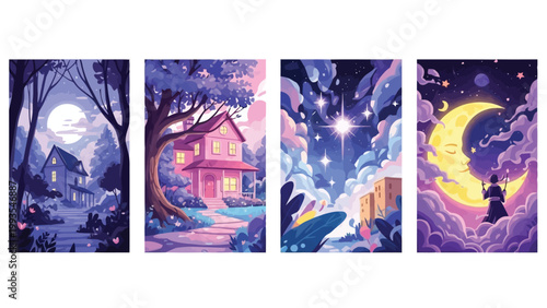 Whimsical moonlit scenes of enchanted landscapes and mystical nights Vector