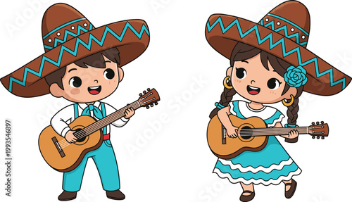 Mexican Folk Music Characters Icon Set with Children in Traditional Costumes Playing Guitar for Cultural Festival Design