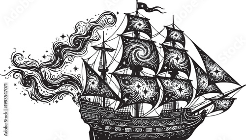 Ancient sailing galleon ship with nebula clouds as sails silhouette