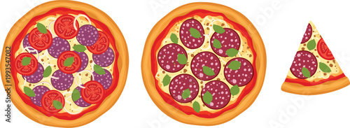 Pepperoni and Tomato Pizza Icon Set with Slices and Full Pizza for Restaurant and Fast Food Menu Design