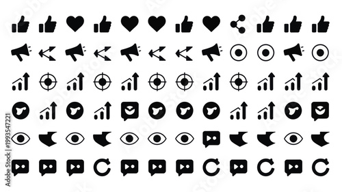 Set of 60 Black Social Media and Marketing Icons Vector
