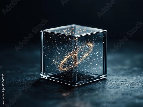 Glass cube suspended in space containing rotating miniature galaxy