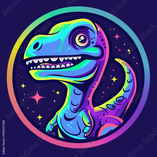 Art illustration of an dinosaur mascot in vivid neon colors