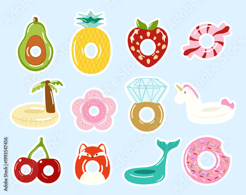 Summer inflatable swim rings sticker set, fruit and animal pool floats collection, beach water toys