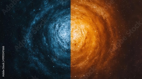 Split galaxy with dual contrasting color tones, duality in universe concept