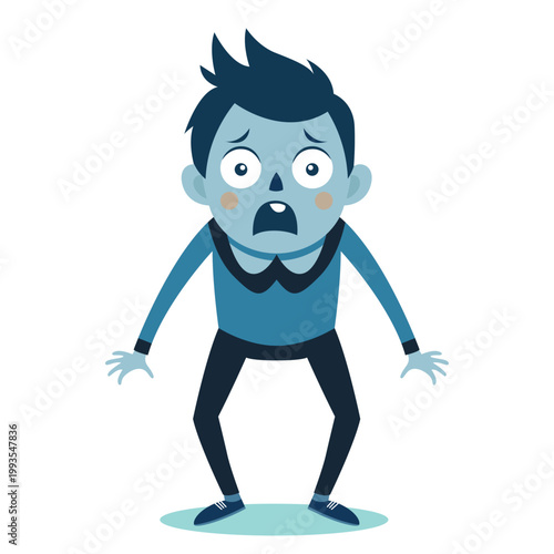 Scared Cartoon Boy Standing in Shock With Wide Eyes and Open Mouth Expression