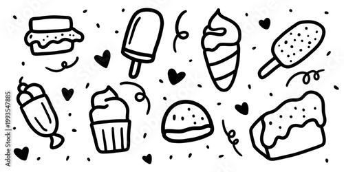 Hand drawn food doodle seamless pattern featuring snacks, desserts and fast-food elements in outline style