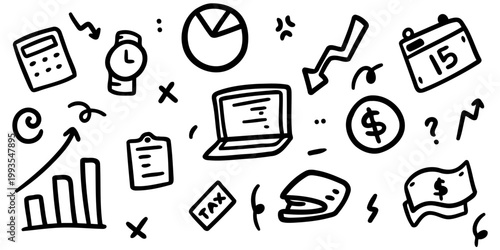 Hand drawn business doodle seamless pattern with finance, chart, money and office elements in outline style
