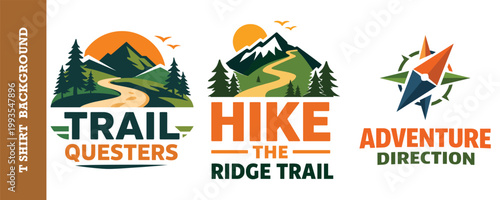 Scenic mountain ridge and hiking trail emblem set for adventure seekers and travel brands.
