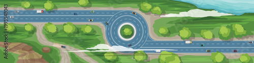 Above view circular interchange or grade separated road. Paved road cuts through a lush. Landscape with nearby river. Dirt road branches off. Showing various types of vehicles traveling on this route.