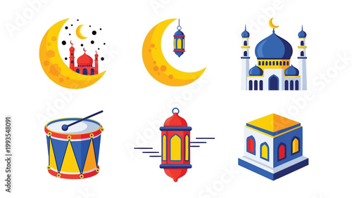 Iconic symbols and elements representing the essence of eid celebrations and islamic culture Vector