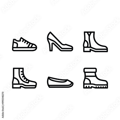A collection of six different shoe outlines showcasing various footwear styles in black