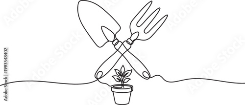 Continuous line drawing of a plant in a pot with a crossed trowel and fork symbolizing gardening or agriculture