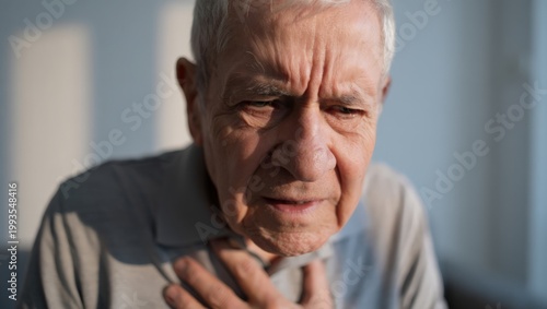 A close-up portrait of an elderly man experiencing stomach pain, with a concerned look on his face.