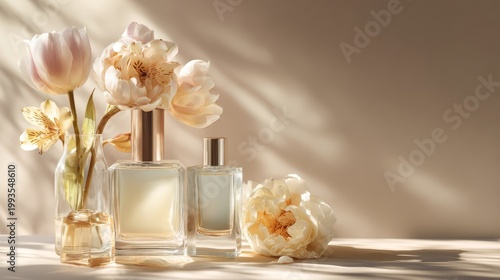 Elegant perfume bottles with fresh flowers on a soft background