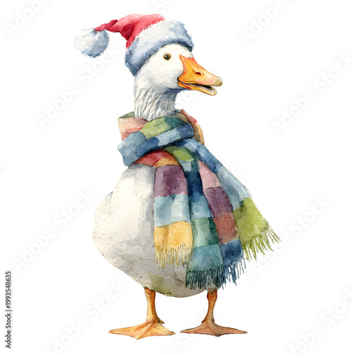 Cheerful goose wearing Santa hat and colorful scarf