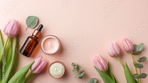 Pink tulips and skincare products arranged on pastel background