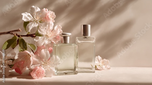 Elegant perfume bottles with pink flowers on soft background