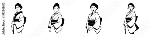 Elegant Japanese Woman in Kimono – Black and White Vector Illustration Representing Traditional Japanese Culture, Grace, and Classic Asian Beauty