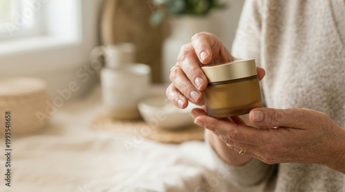 Woman holding skincare cream jar in bright, cozy indoor setting