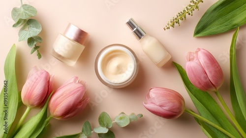 Skincare products with pink tulips and greenery on soft pastel background