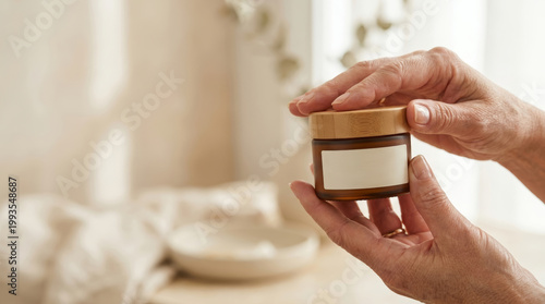 Woman holding jar of skincare cream on wooden table with soft fabric