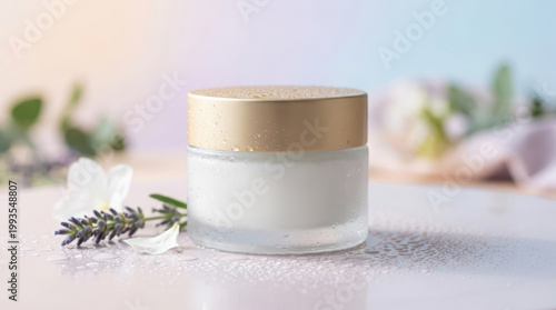 Hydrating face cream jar with gold lid and floral accents on table