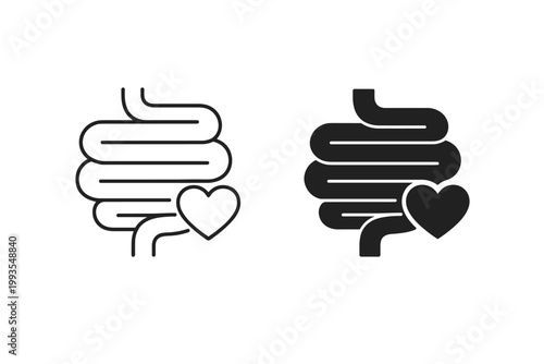 Gut Health Icon Set Featuring Intestine with Heart Symbol in Line and Glyph Styles for Digestive Wellness, Probiotics, Healthy Digestion, Medical Anatomy, and Healthcare Design Projects