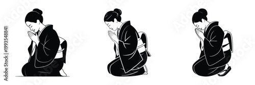 Elegant Japanese Woman Bowing in Kimono – Traditional Greeting and Respectful Posture Illustration, Cultural Etiquette Concept in Minimalist Black and White Vector Art