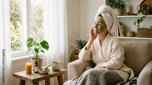 Woman with green face mask relaxing in cozy living room setting