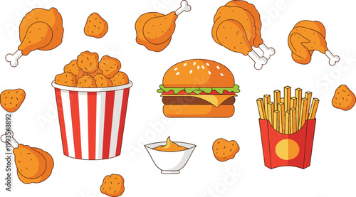 Fast Food Combo Icon Set with Burger Fries Fried Chicken Nuggets and Sauce for Junk Food Meal Design