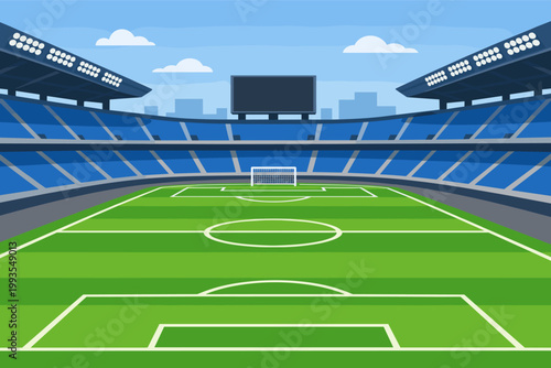 Large empty soccer stadium arena with green grass field, white markings, goal post, blue seating tiers, scoreboard, and bright stadium lights under a clear blue sky, flat vector illustration.