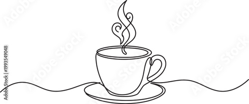Continuous line drawing of a steaming cup of coffee or tea on a saucer with wavy lines