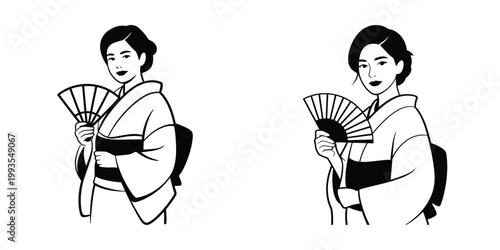Elegant Japanese Woman in Kimono Holding Folding Fan – Traditional Japanese Culture, Graceful Female Portrait, Minimalist Black and White Vector Illustration of Asian Beauty and Heritage