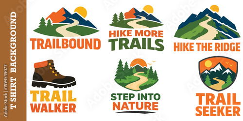 Trailbound hiking mountains nature scenery path vintage logo outdoor graphic.