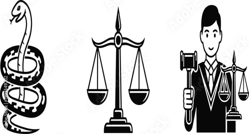 Legal System Icon Set with Justice Scales, Judge with Gavel, and Snake Symbol for Law Firm Branding, Courtroom Concepts, and Advocacy Designs