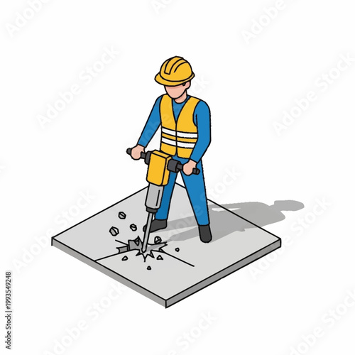 Construction worker operating a jackhammer on a concrete surface.
