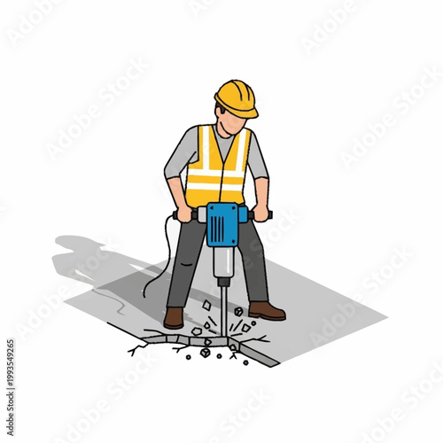 Construction worker operating a jackhammer on concrete surface.