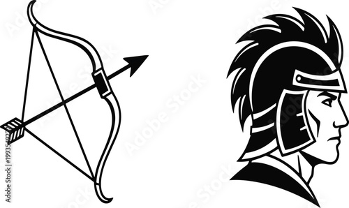 Tableau sur toile Ancient Greek Spartan Warrior and Archery Bow with Arrow Vector Set for Sports T