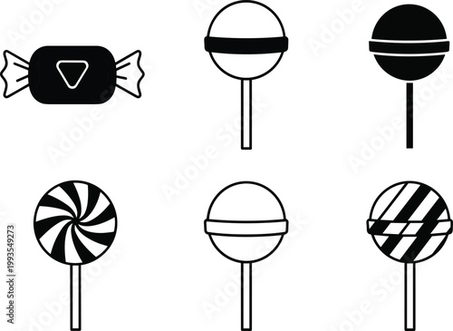 Lollipop and Hard Candy Vector Icon Set with Swirl and Striped Patterns for Sweet Shop Branding, Dessert Menu Design, and Birthday Party Graphics