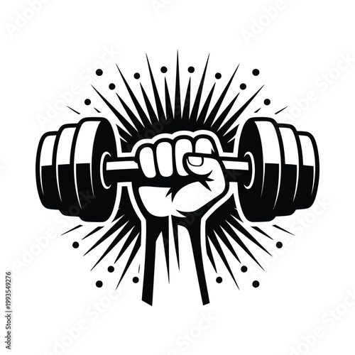 A powerful hand gripping a barbell with radiating starburst energy effects